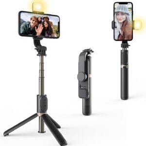 Selfie Stick with LED Fill Light, Phone Tripod Stand with Detachable Bluetooth Wireless Remote Compatible with iPhone 12/11/XR/X/Pro, Galaxy S10 and More(Black-White Lights)