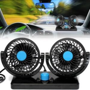 Electric Car Cooling Fan 360° Rotatable Dual Heads Air Circulator Fan Manual Rotation 2 Speed for All Cars (Black)