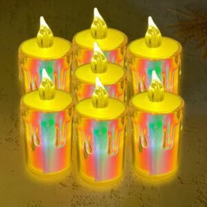 Just Decor Creative Holographic Realistic Wax Candle Styled Rainbow Color Gradient LED Button Candle Flameless Battery Operated Warm White Lighting Tea Light for Festive, Party Decoration (Pack of 12)