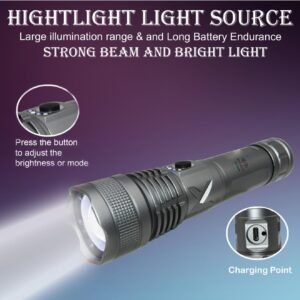 Strong Beam Adjustable Focus Zoom Hand Torch | 5-Light Modes | 4800mAh Rechargeable Battery with C-Type Fast Charging | Rainproof Metal Body -1 Pc (18 Cm Silver)
